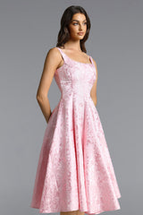 Lisbon pink Square Neck Jacquard Satin Midi Dress