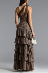 Hedar One Shoulder Cut Out Ruffle Embellished Sequin Maxi Dress