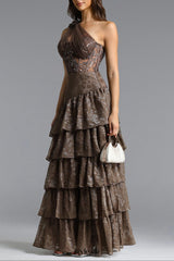 Hedar One Shoulder Cut Out Ruffle Embellished Sequin Maxi Dress