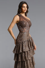 Hedar One Shoulder Cut Out Ruffle Embellished Sequin Maxi Dress