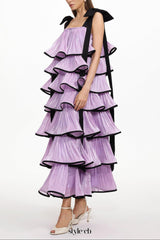 Uareni Bow Strap Pleated Organza Maxi Dress