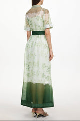 Vilane Green Short Sleeve Floral Print Woven Maxi Dress