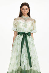 Vilane Green Short Sleeve Floral Print Woven Maxi Dress