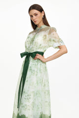 Vilane Green Short Sleeve Floral Print Woven Maxi Dress