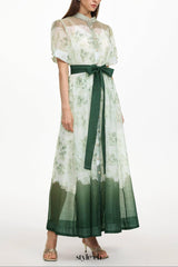 Vilane Green Short Sleeve Floral Print Woven Maxi Dress