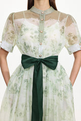 Vilane Green Short Sleeve Floral Print Woven Maxi Dress