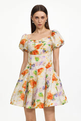 Gearoid Ruched Puff Sleeve Floral Print Woven Mini Dress
