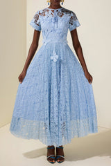 selena Lace Butterfly Pleated Midi Dress - blue
