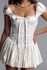 Huresa Short Sleeve Bow Woven Mini Dress