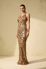 jennifer Gold Sequin Fishnet backless Maxi Dress