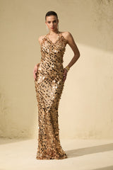 jennifer Gold Sequin Fishnet backless Maxi Dress