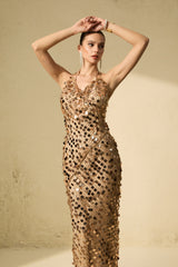 jennifer Gold Sequin Fishnet backless Maxi Dress