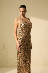 jennifer Gold Sequin Fishnet backless Maxi Dress