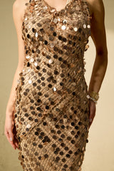 jennifer Gold Sequin Fishnet backless Maxi Dress