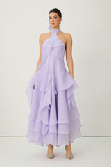 linda Purple Halter Neck Tiered Ruffle Maxi Dress
