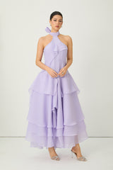 linda Purple Halter Neck Tiered Ruffle Maxi Dress