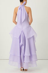 linda Purple Halter Neck Tiered Ruffle Maxi Dress