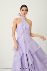 linda Purple Halter Neck Tiered Ruffle Maxi Dress