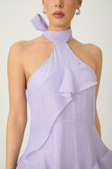 linda Purple Halter Neck Tiered Ruffle Maxi Dress