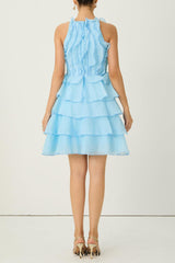 juliet Blue Pleated Bodice Tiered Ruffle Mini Dress