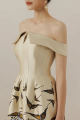 nina Retro floral print off-shoulder midi dress in apricot