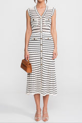 Striped Sleeveless Knit Midi Dress With V-Neck And Gold Buttons - White/Black