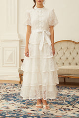 White Lace Tiered Midi Dress with Puff Sleeves and Sash Belt
