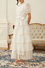 White Lace Tiered Midi Dress with Puff Sleeves and Sash Belt