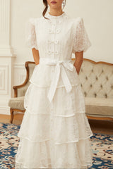 White Lace Tiered Midi Dress with Puff Sleeves and Sash Belt
