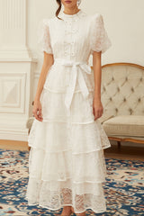 White Lace Tiered Midi Dress with Puff Sleeves and Sash Belt
