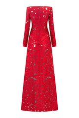 rhinestone boat neck floral hollow lasercut maxi dress - red