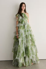 claire green floral print pleated layer maxi dress
