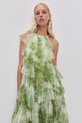 claire green floral print pleated layer maxi dress