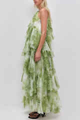 claire green floral print pleated layer maxi dress