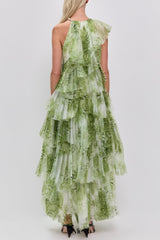 claire green floral print pleated layer maxi dress