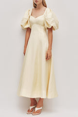 sabrina backless puff sleeve midi dress in yellow