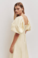 sabrina backless puff sleeve midi dress in yellow