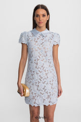 sylvia Light Blue Floral Lace hollow Mini Dress with Satin Collar
