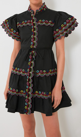 WAVY RUCHED TRIM MINI DRESS IN BLACK