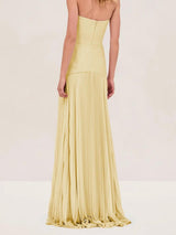 Pale Yellow Strapless Textured Pleated Floor-Length Maxi Gown