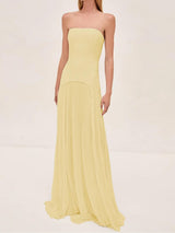 Pale Yellow Strapless Textured Pleated Floor-Length Maxi Gown