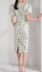 PUFF-SLEEVE FLORAL PRINTED MIDI DRESS