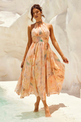 simona Sleeveless printed backless mini dress in apricot
