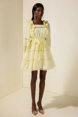 victoria Embroidered hollow Ruffle Mini Dress - yellow