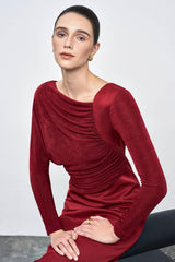 Mirabel A-line Back Slit Taffeta Midi Dress in red