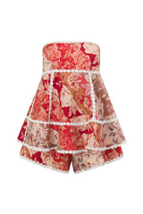 Linen lace-trim print strapless top shorts set - red