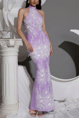 Pandora Sleeveless Beaded Tassel Sequin Bandage Maxi Dress - Violet