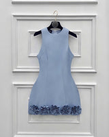 janice 3d flower sleeveless mini dress in blue