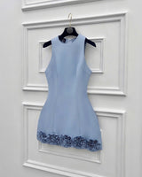 janice 3d flower sleeveless mini dress in blue