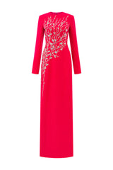 hilary red padded shoulder crystal embellished straight maxi dress